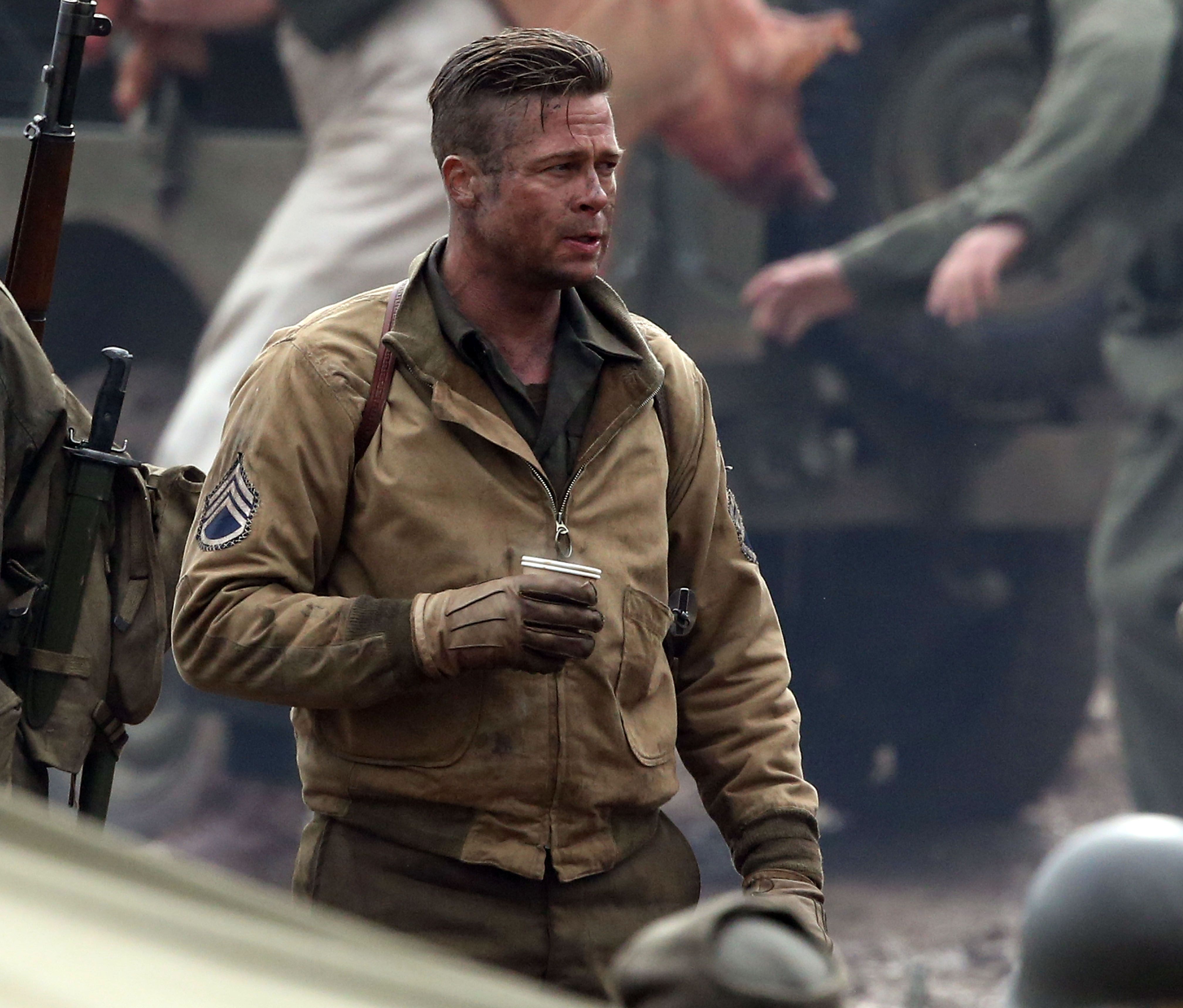 Brad Pitt on the set of Fury