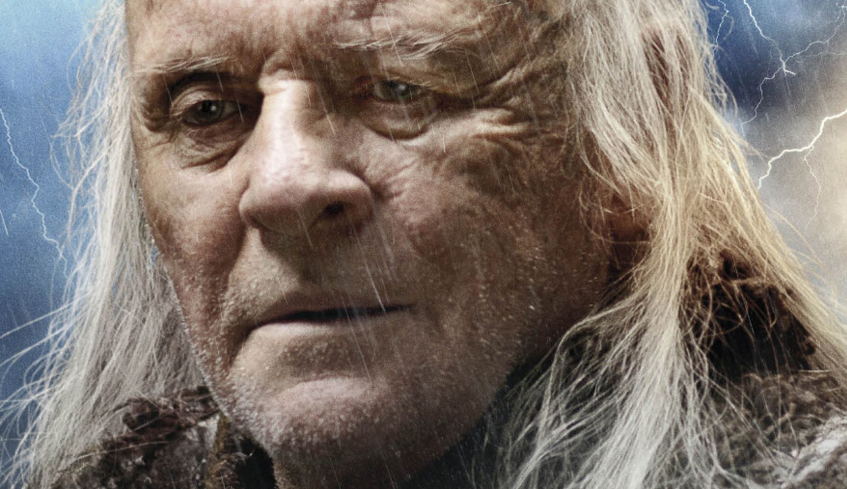 Close-up of Hopkins in the rain in Noah