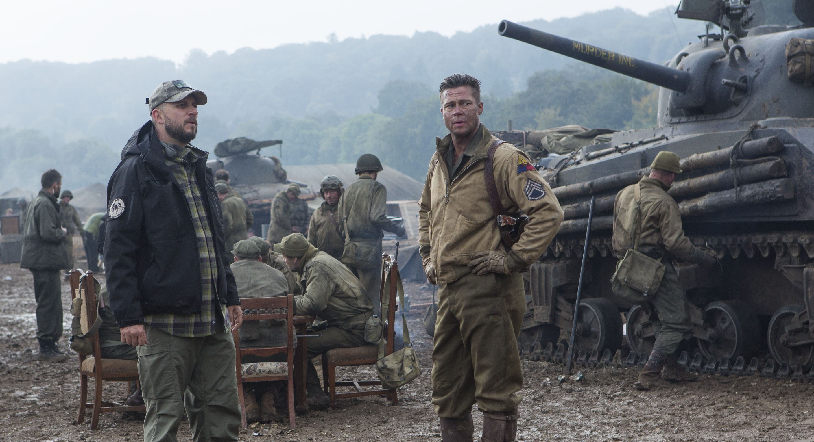 David Ayer and Brad Pitt on the set of Fury