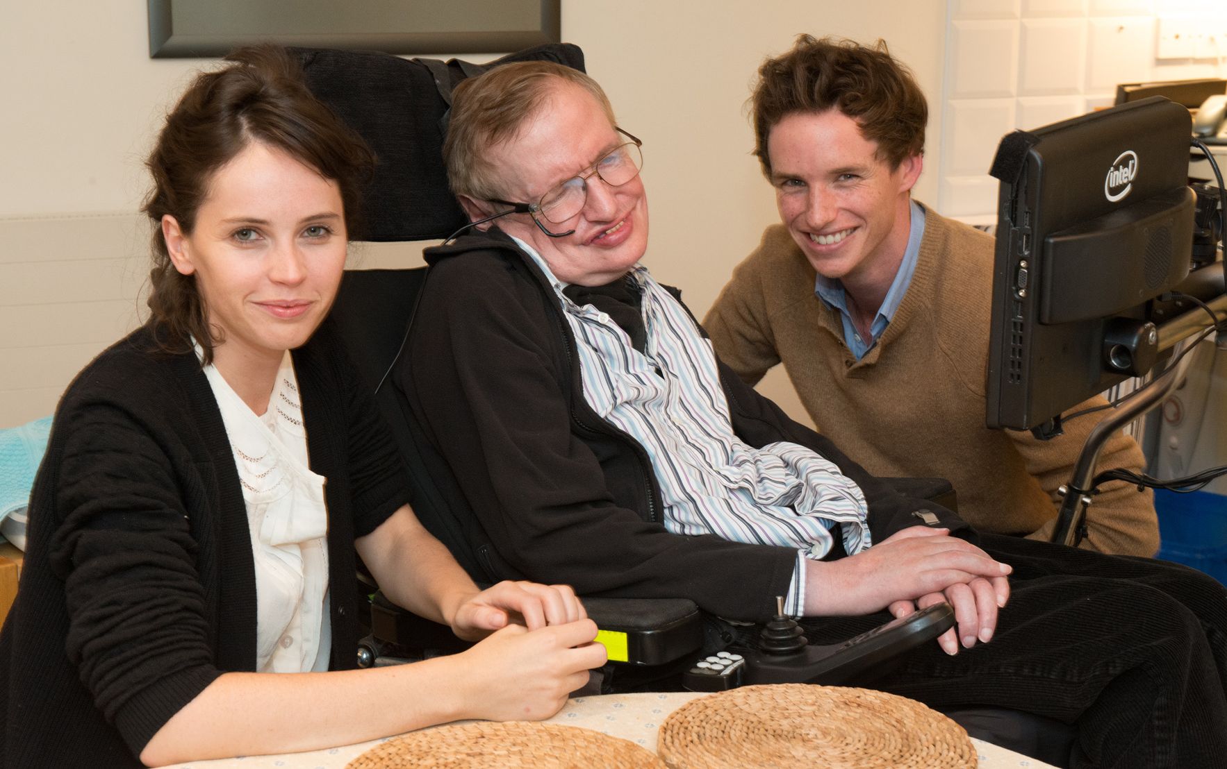 Eddie Redmayne and Felicity Jones meet Stephen Hawking