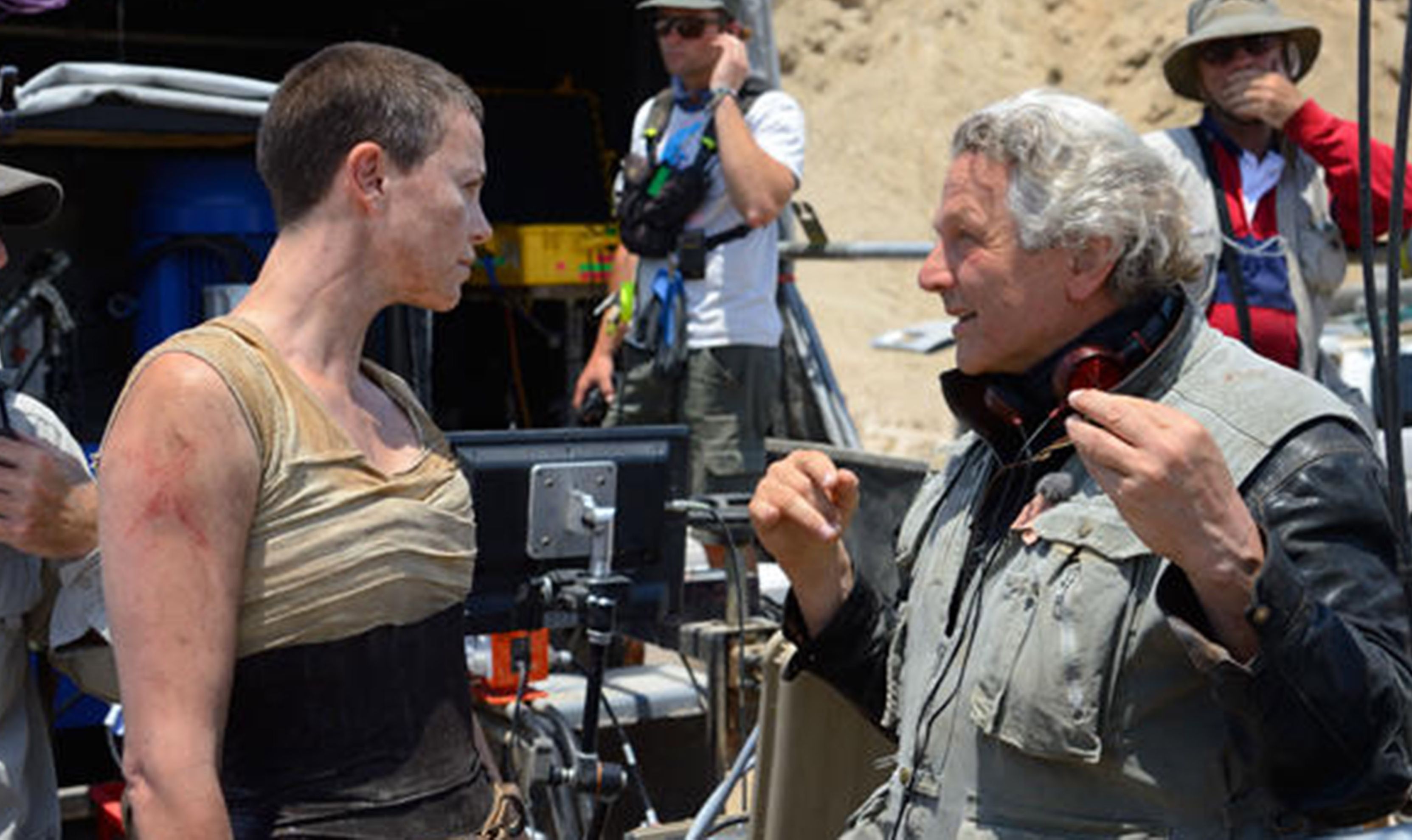 Charlize Theron and George Miller on the set of Mad Max: Fur