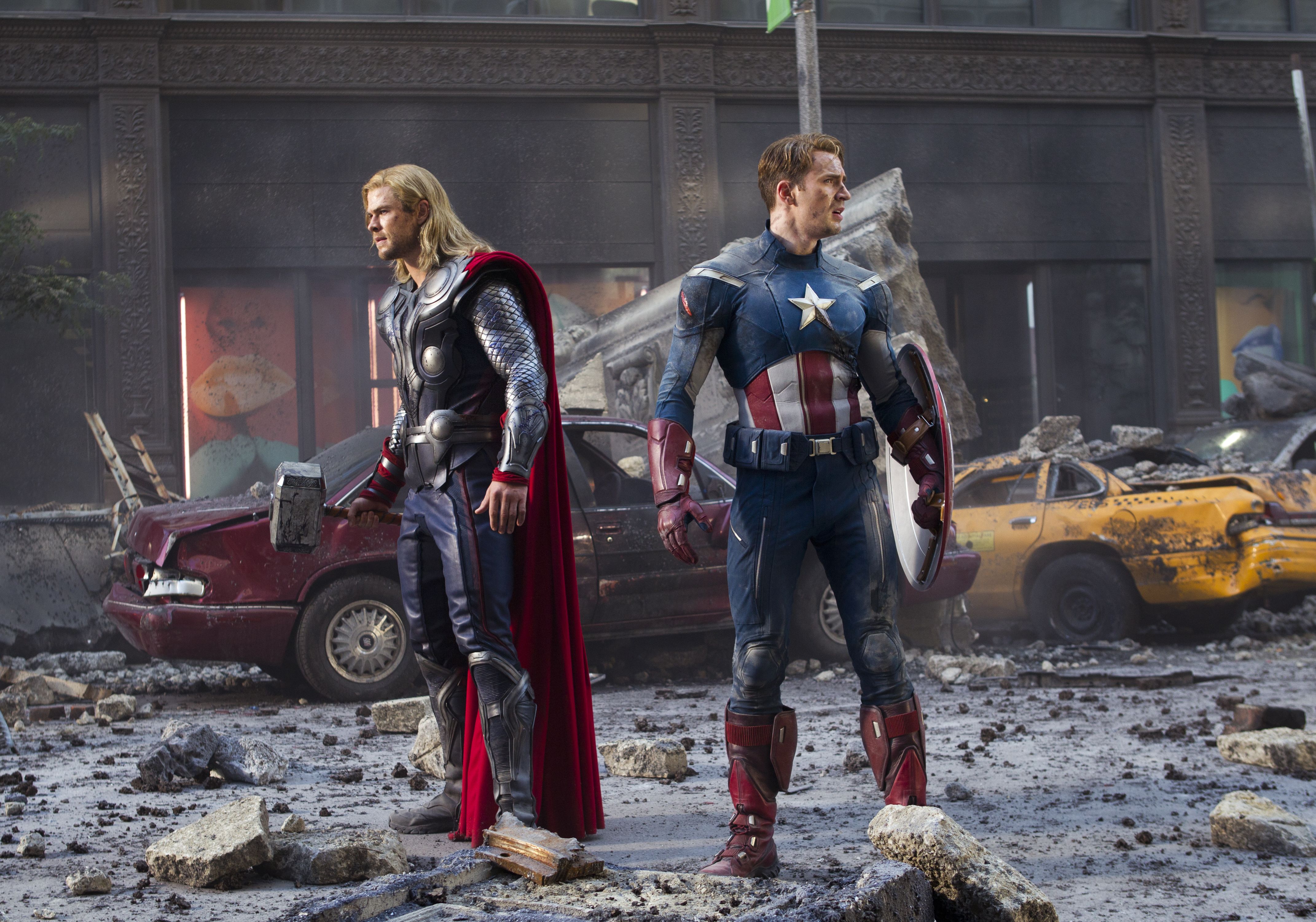 Thor and Captain America on destroyed street, The Avengers