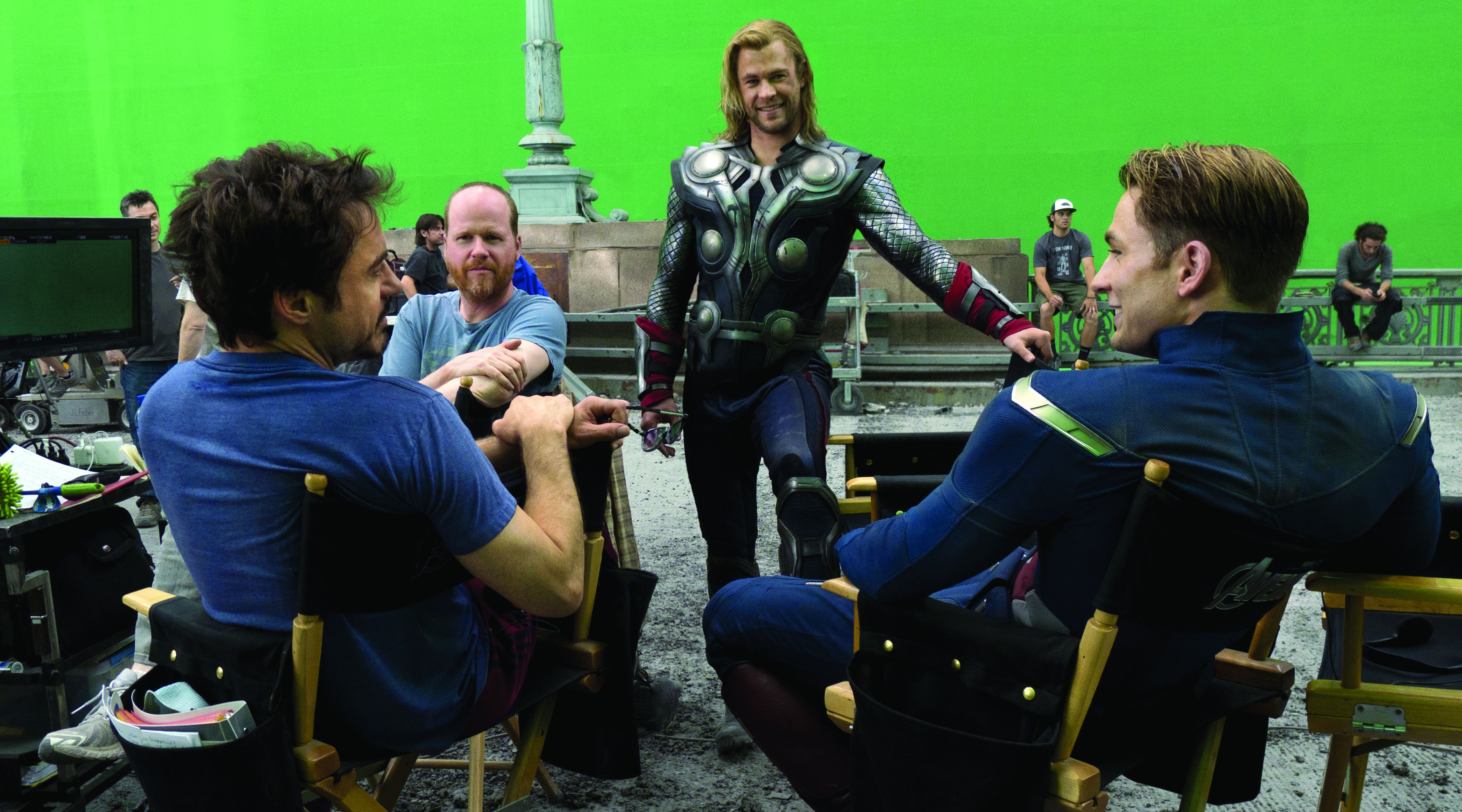 The Avengers cast and crew behind the scenes, green screen a