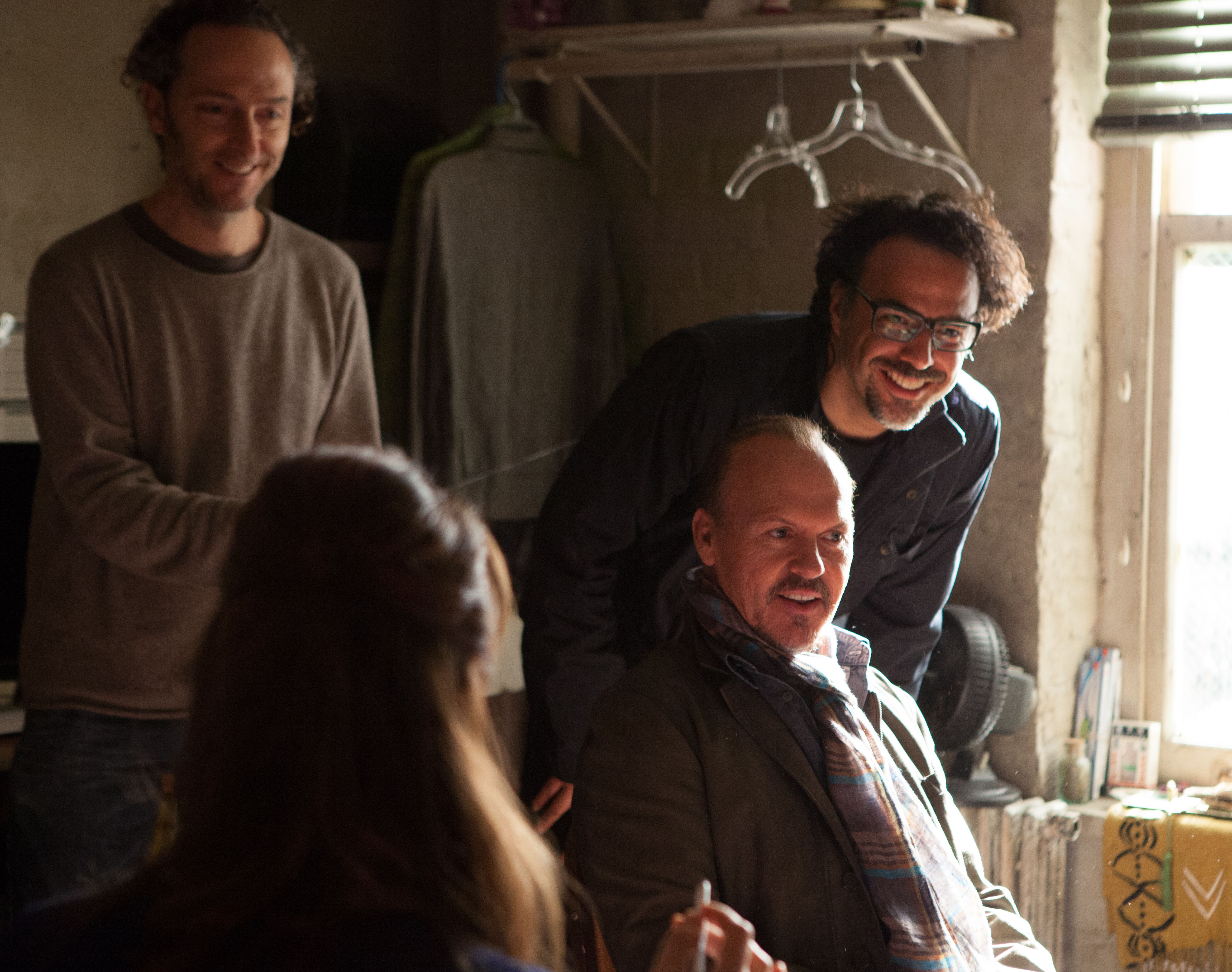 Michael Keaton and crew on the set of Birdman