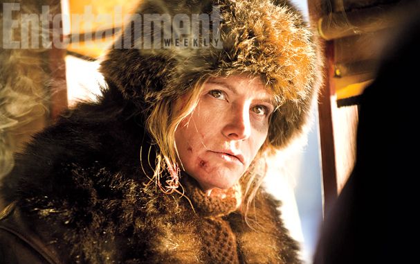 Jennifer Jason Leigh as outlaw Daisy Domergue in The Hateful