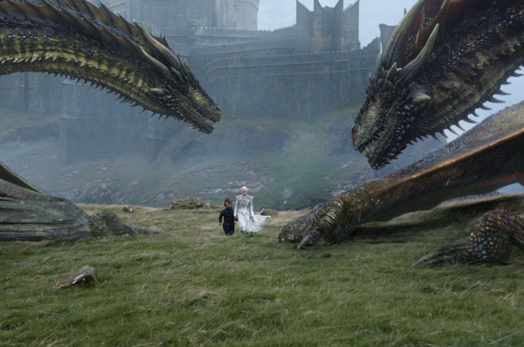 Danny and Tyrion among her dragons