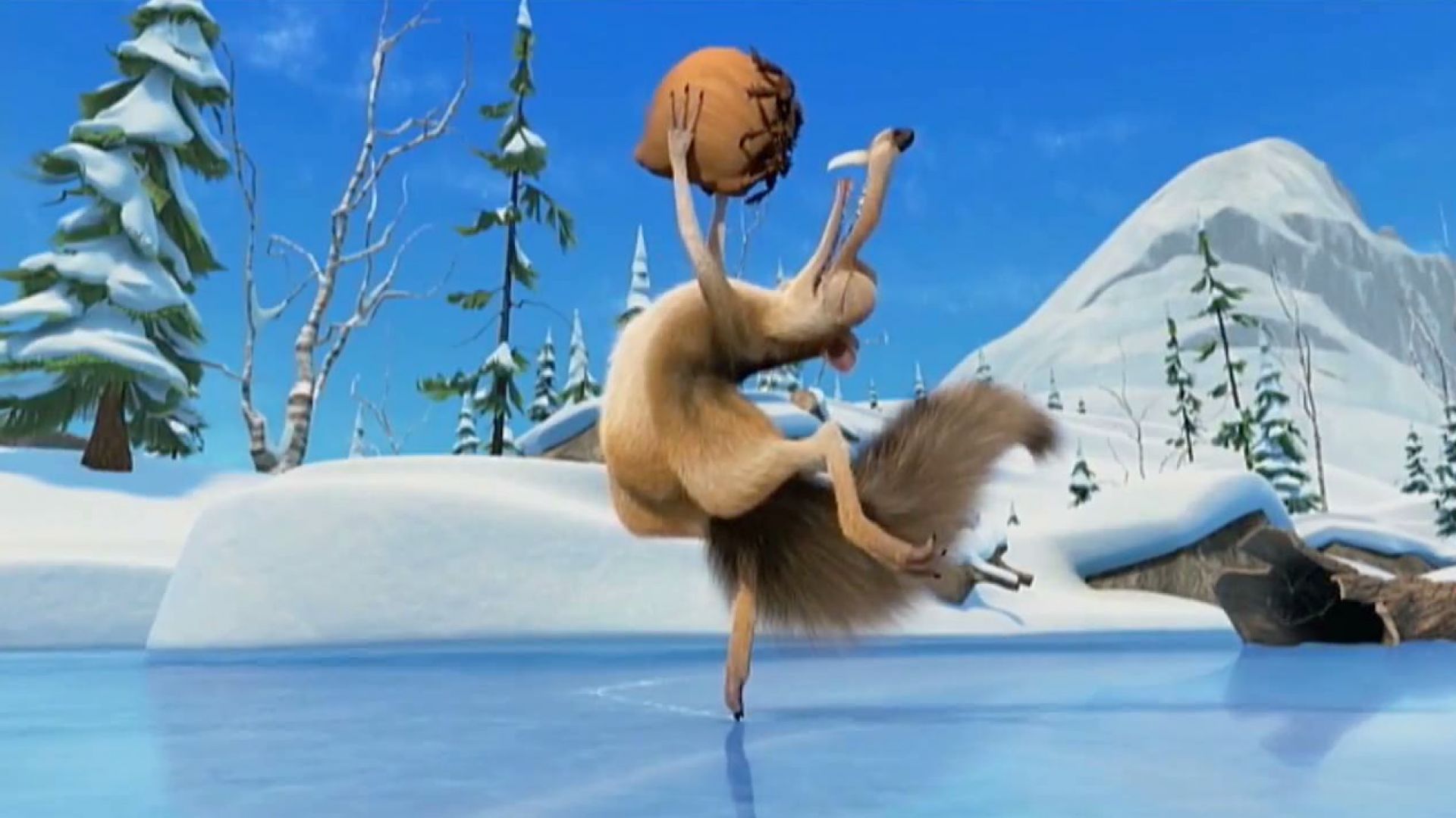 Scrat skates to nut on ice. Ice Age 4