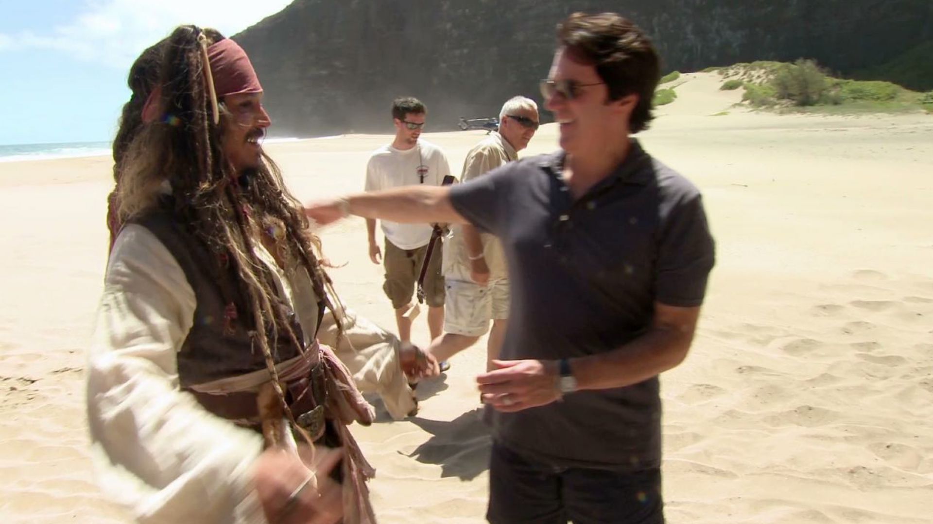 Johnny Depp arrives at Pirates 4 set by Helicopter